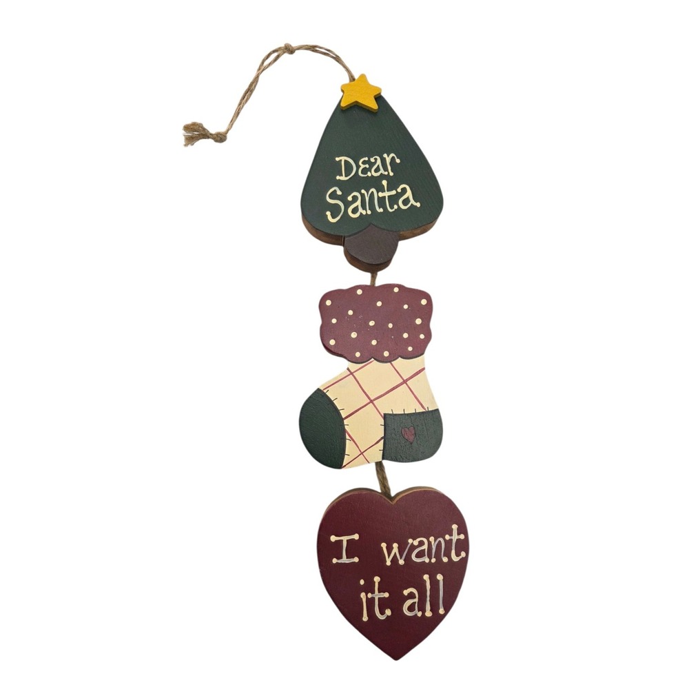 "Dear Santa - I Want It All" Hanging Wooden Heart‎ Stocking Tree Christmas Decor